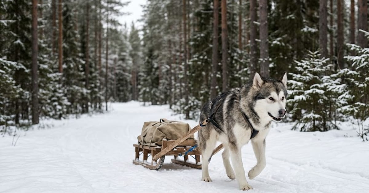 An Alaskan Malamute in a pulling harness hauling a loaded sled over snow