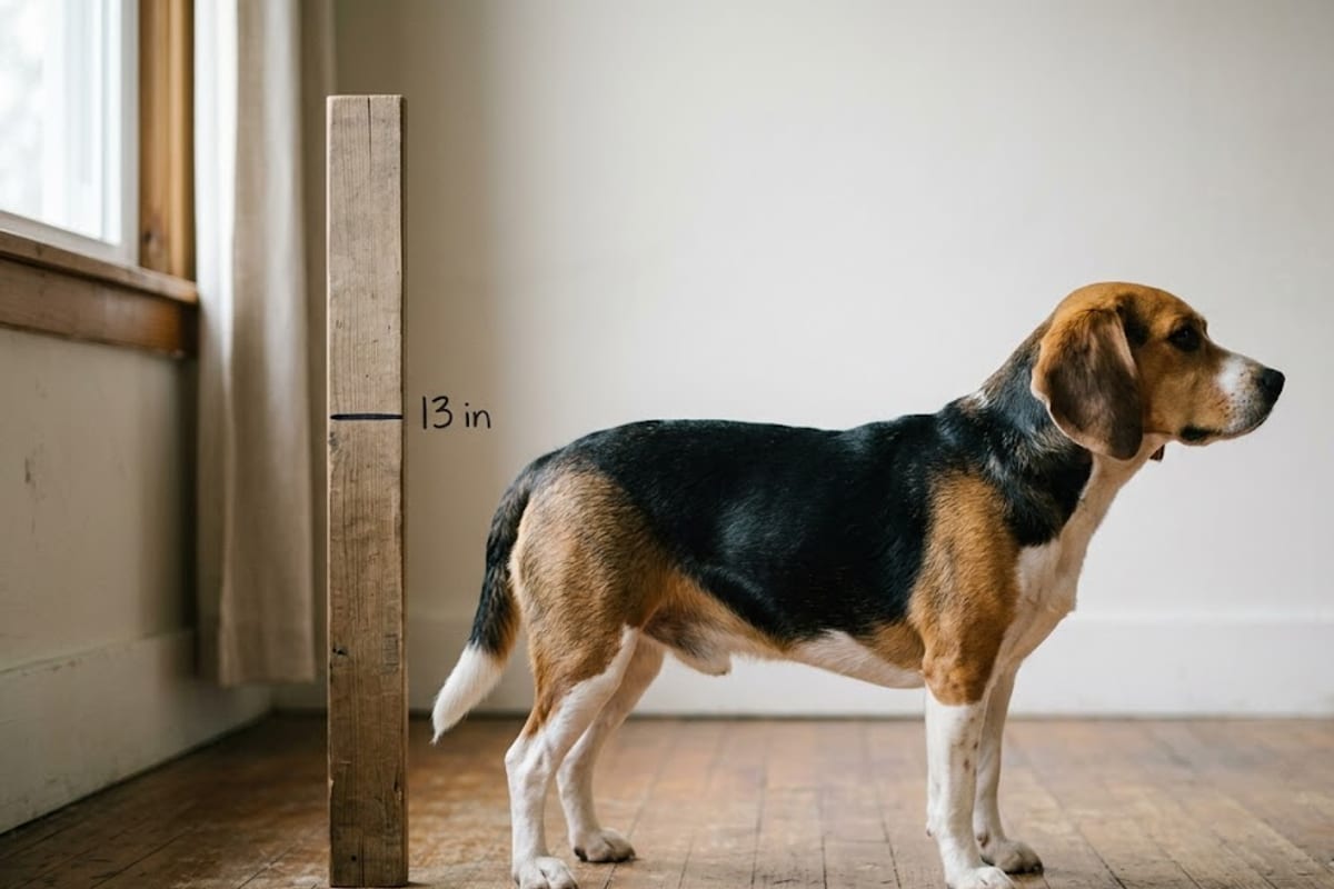 A Beagle standing beside a wooden measuring post marked at 13 inches at its shoulder