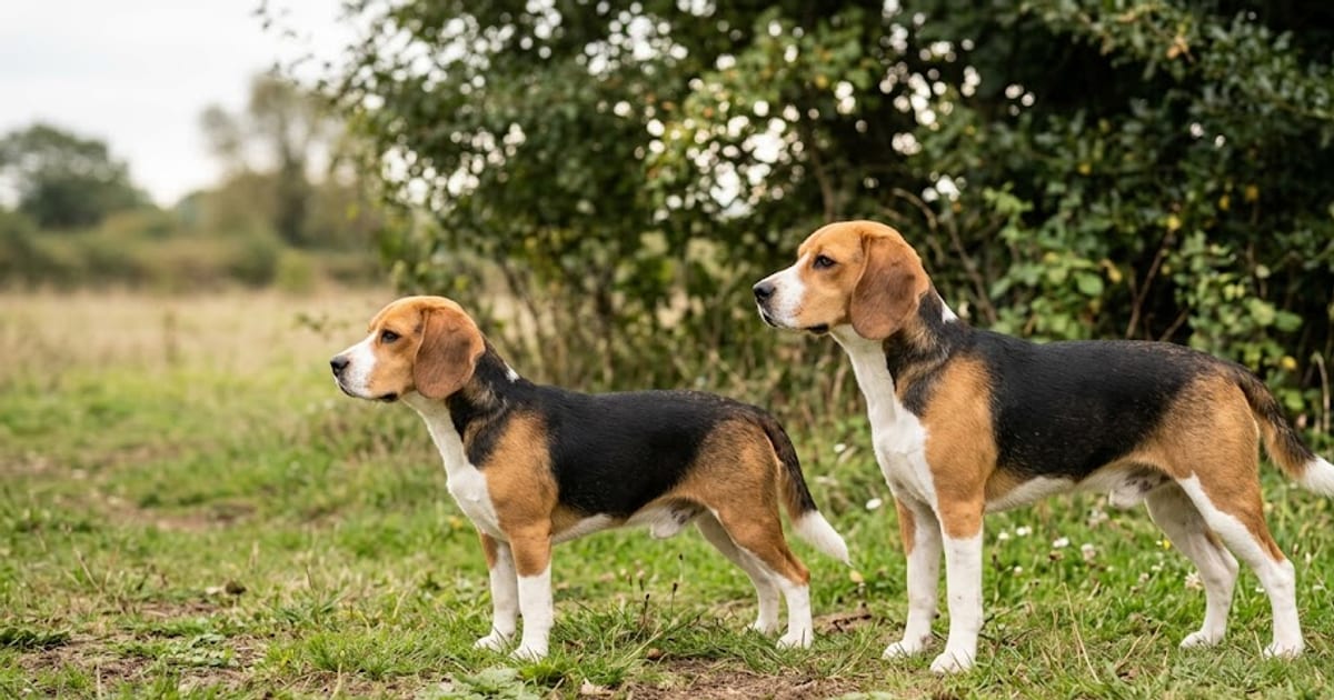 A 13-inch Beagle and a 15-inch Beagle standing side by side