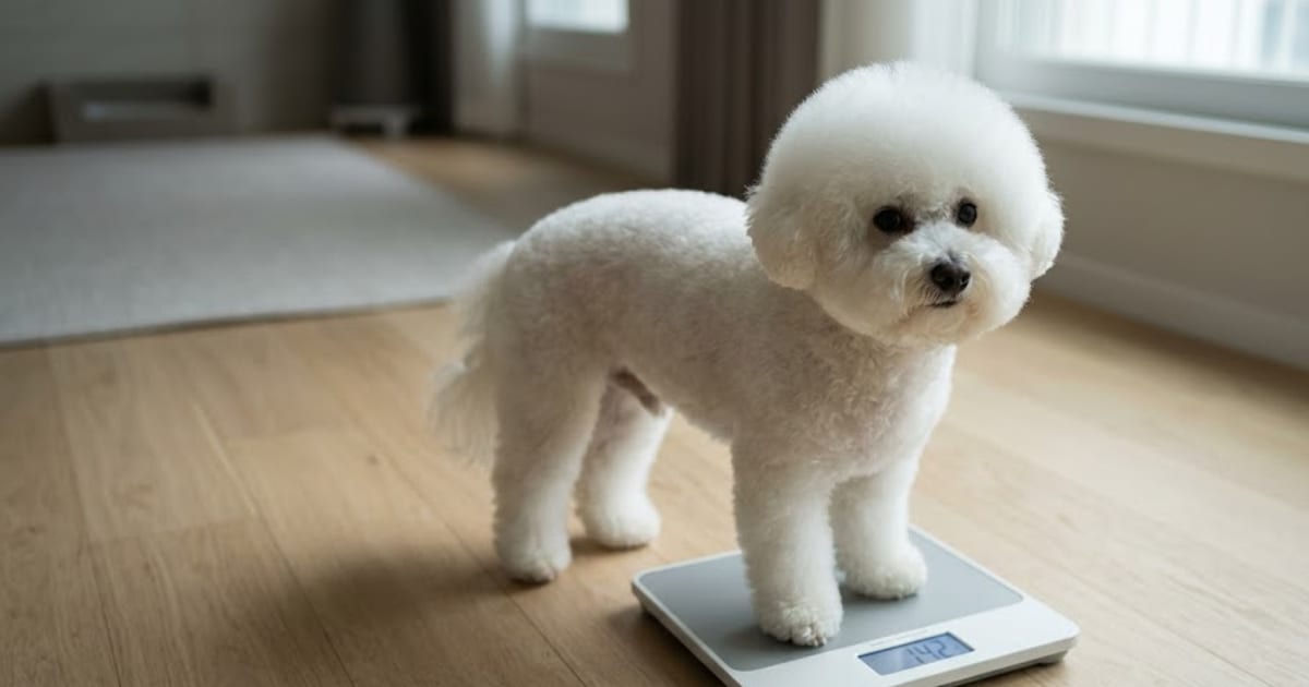A freshly groomed Bichon Frise sitting on a kitchen scale platform