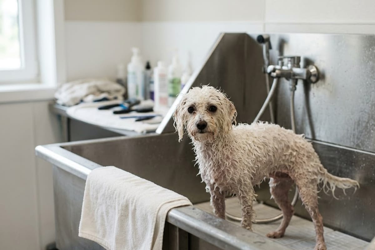A wet Bichon Frise in a grooming sink, much smaller than it looks when dry