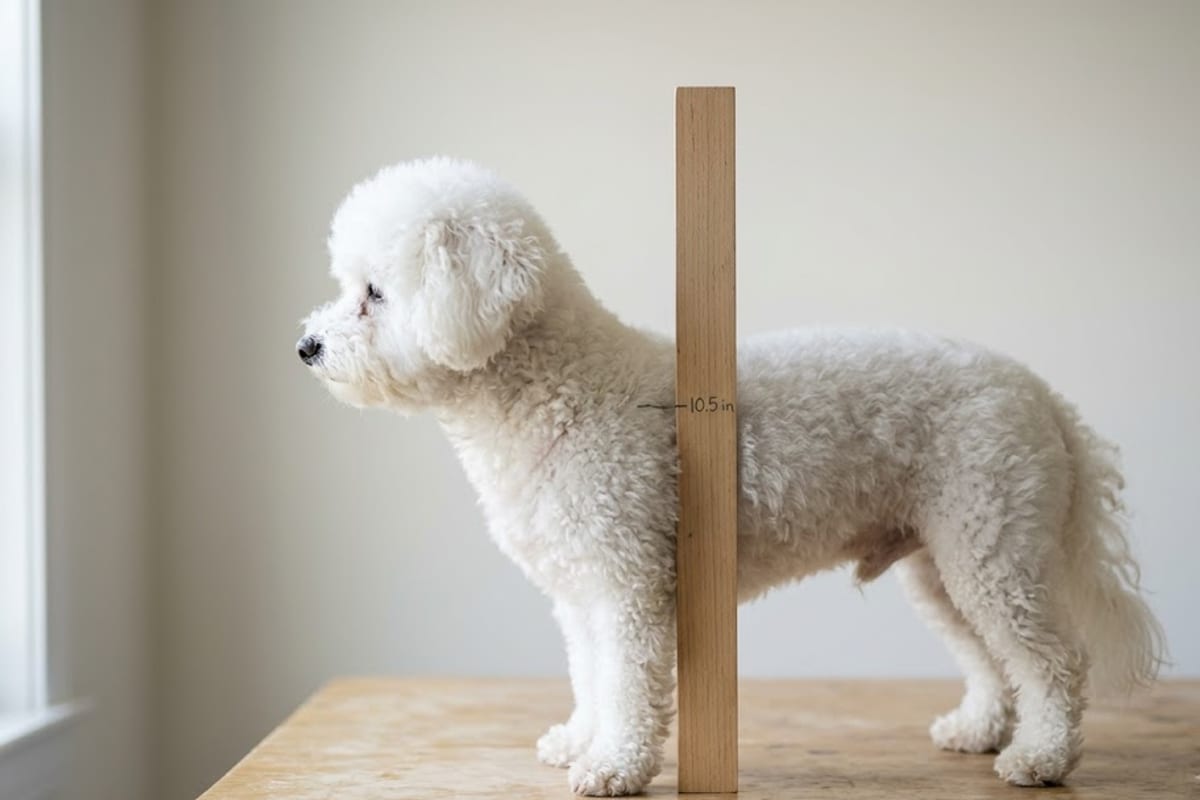 A Bichon Frise standing beside a ruler with a mark at its shoulder height
