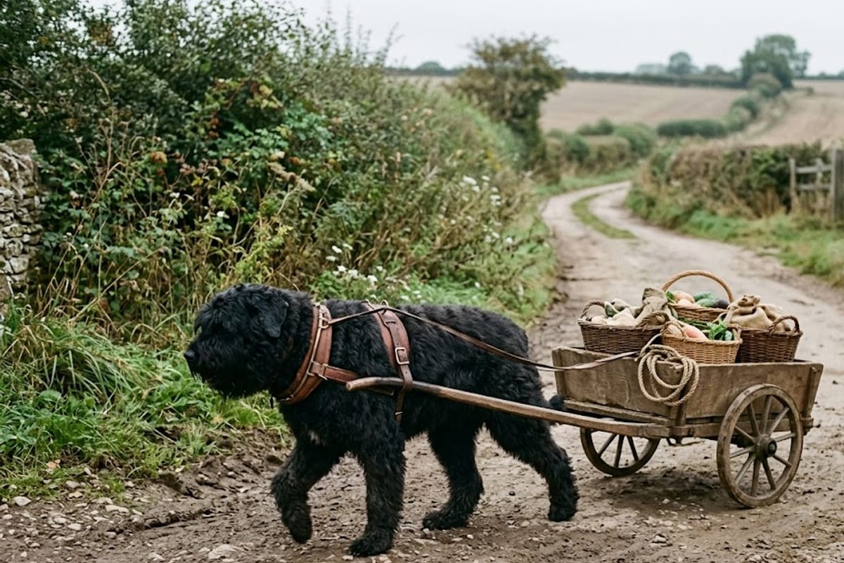 A Bouvier des Flandres pulling a small wooden cart on a country lane