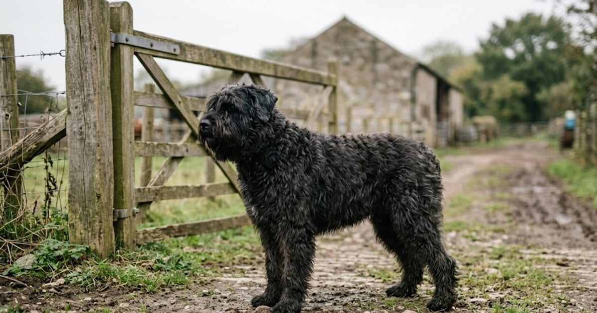A black Bouvier des Flandres standing square in a farmyard