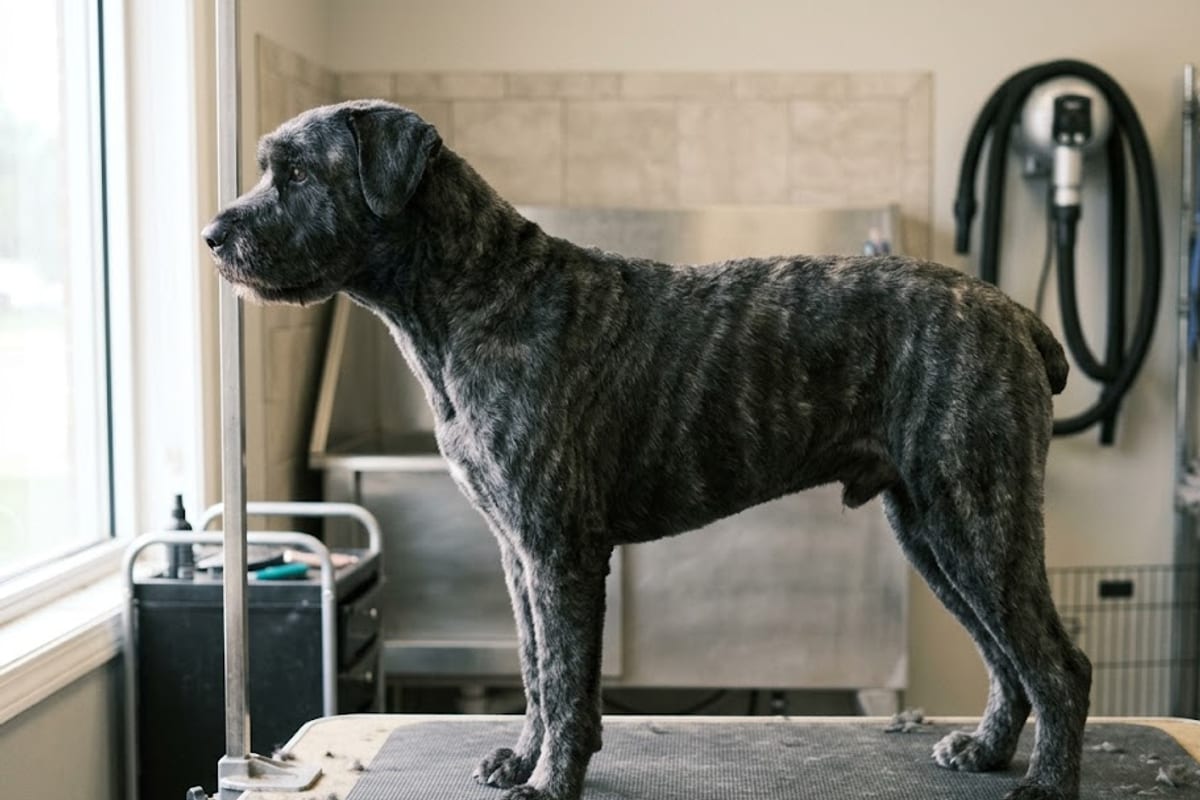 A freshly trimmed Bouvier des Flandres whose compact frame is visible