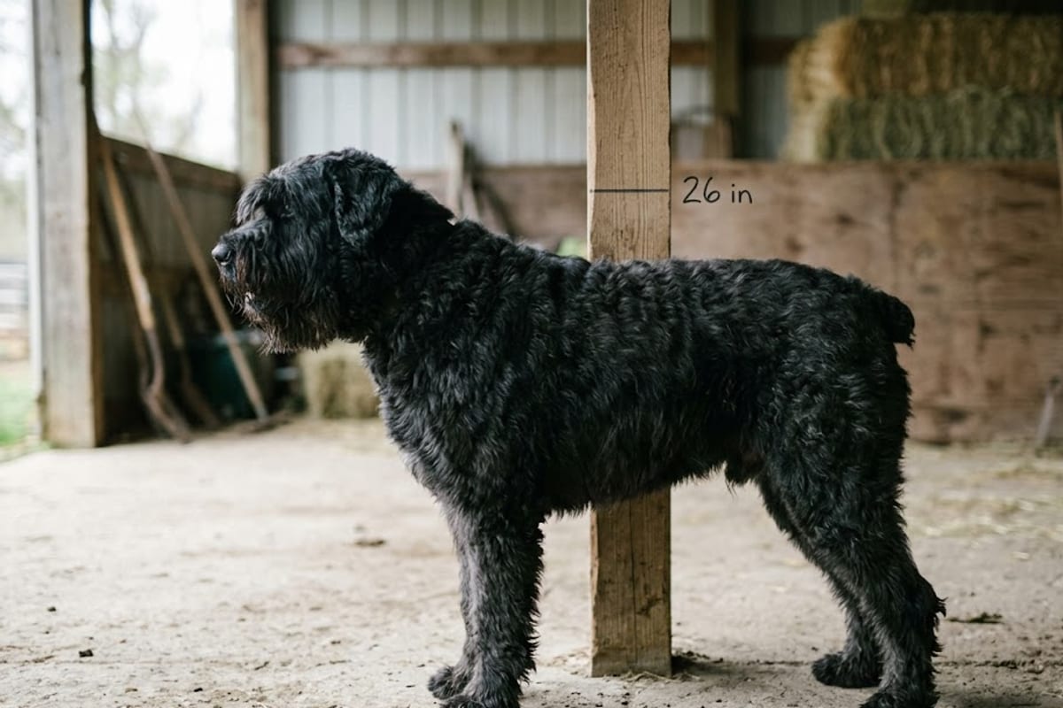A Bouvier standing beside a measuring post marked 26 in at its withers