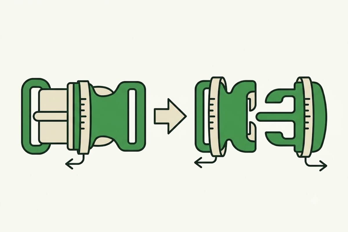 A breakaway buckle parts under load, then reconnects