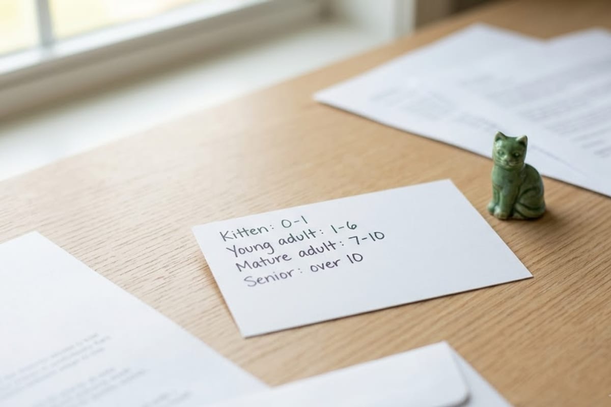 A handwritten card listing the cat life stages by age