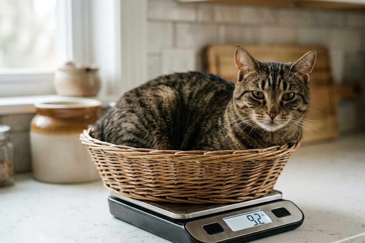 A cat sitting in a basket on a kitchen scale that reads 9.2 lb