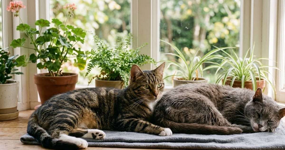 A young cat and an elderly cat resting together on a windowsill