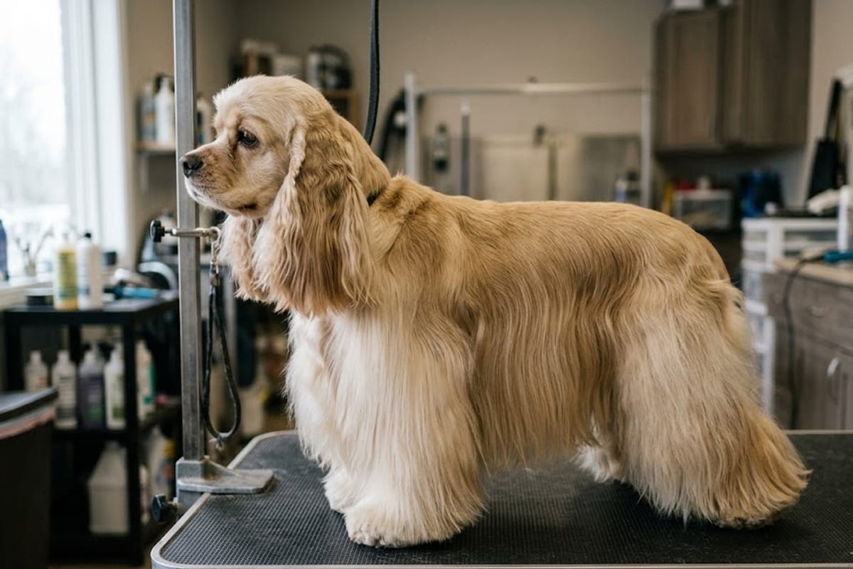 The long belly and leg feathering of an American Cocker hiding the belly line