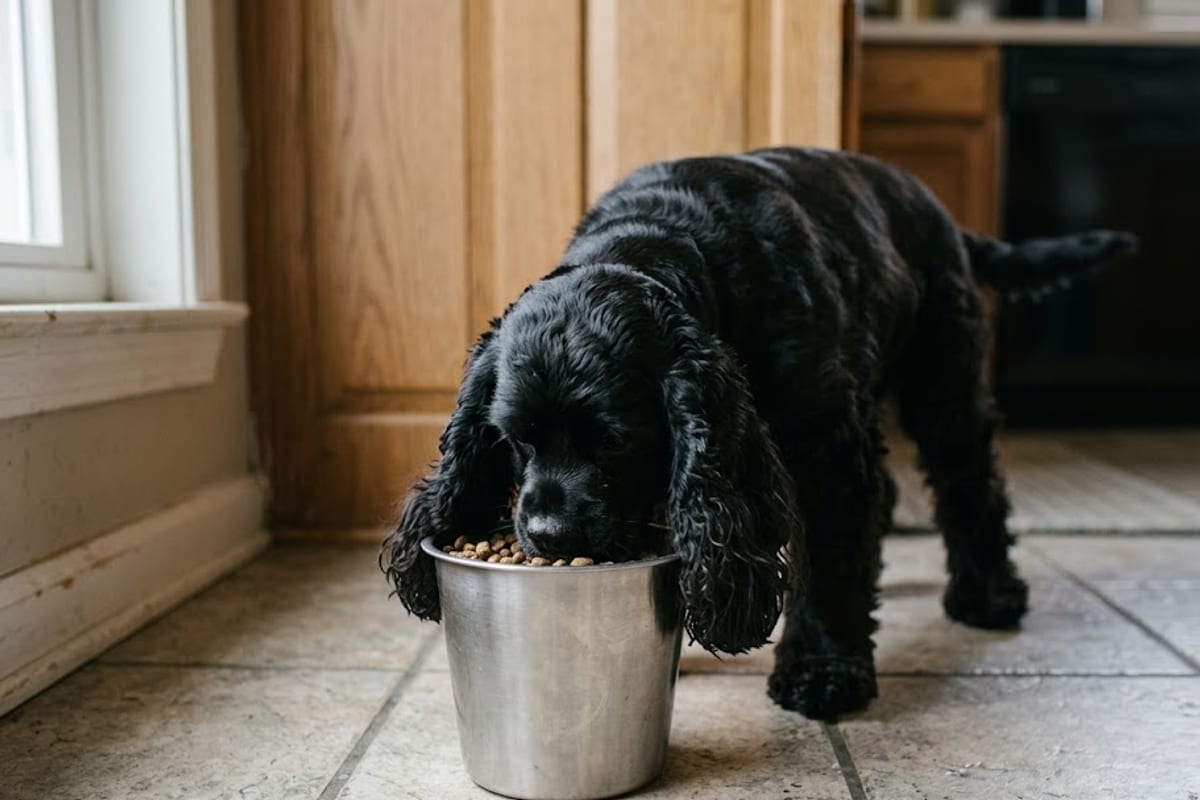 A Cocker Spaniel eating from a narrow, deep spaniel bowl that keeps its ears out of the food