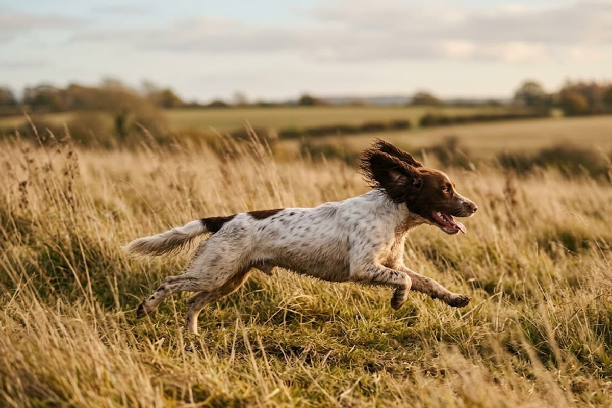 A lean working English Cocker Spaniel running through tall grass