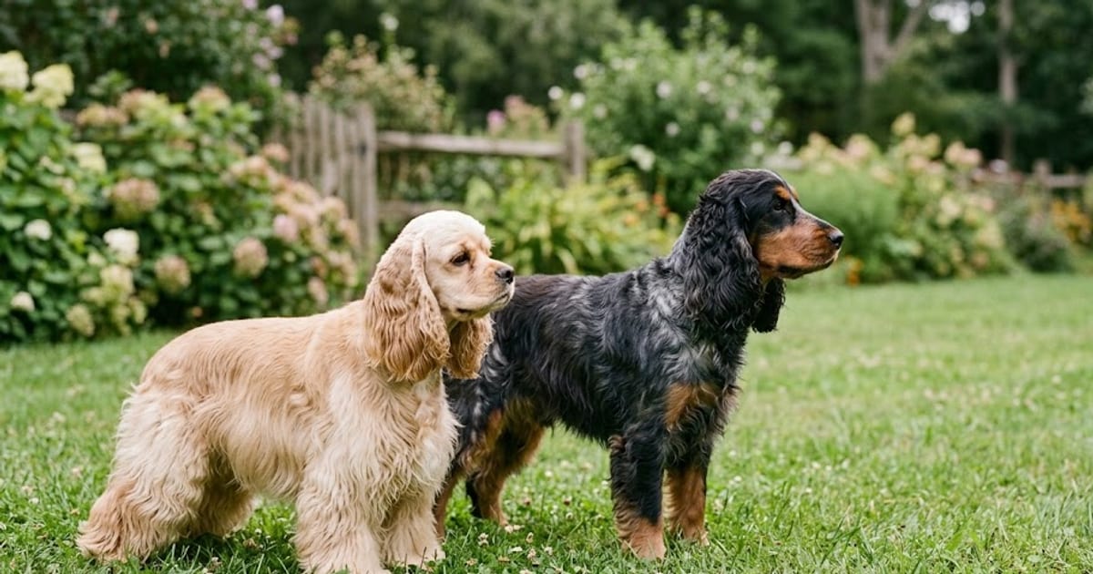 An American Cocker Spaniel and an English Cocker Spaniel side by side