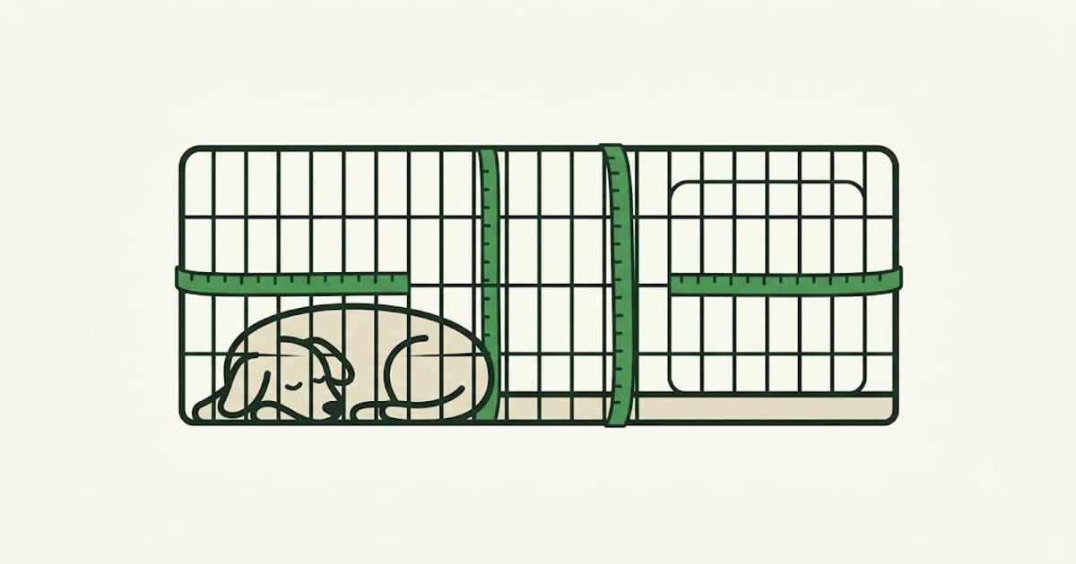 A dog lying at one end of an oversized crate