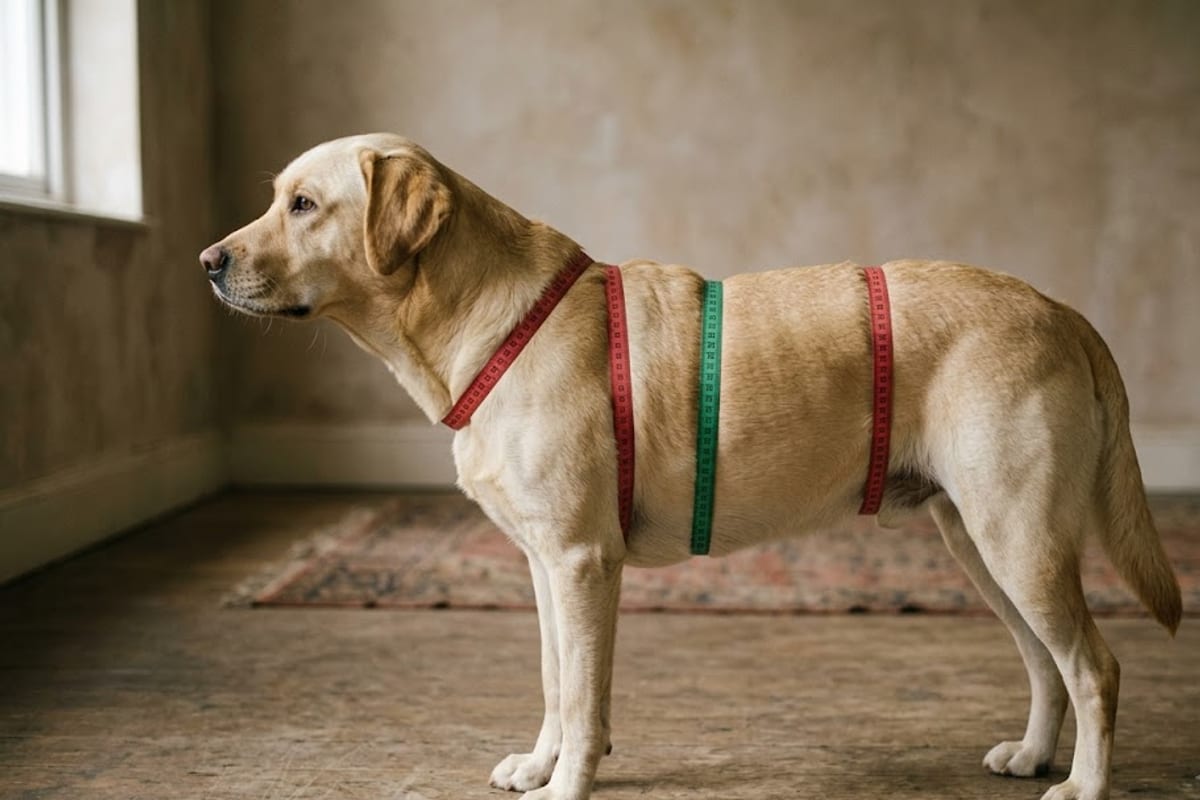 A dog with three tape measures around the armpits, the widest point of the chest, and the waist