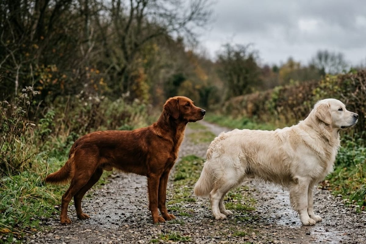 A lean field-bred Golden Retriever next to a heavier-boned show-line Golden