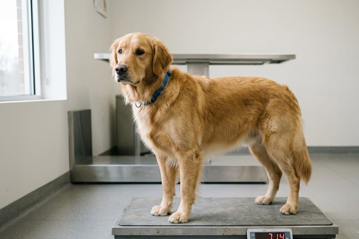 An adult Golden Retriever standing on a veterinary floor scale that reads 71.4 lb