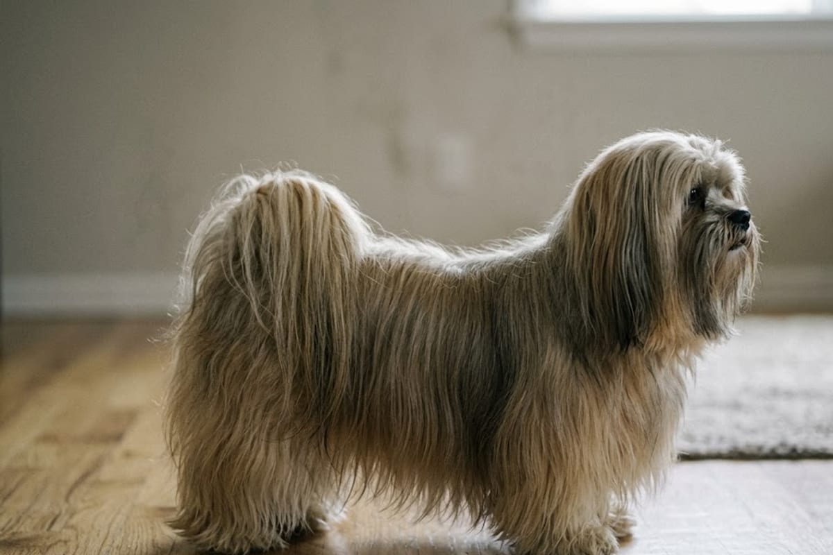 A Lhasa Apso in a full floor-length coat whose body shape cannot be seen
