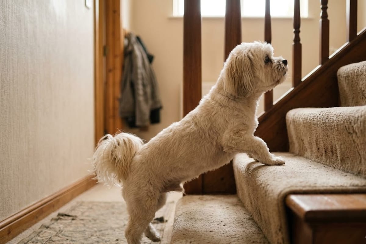 A Lhasa Apso climbing carpeted stairs at home