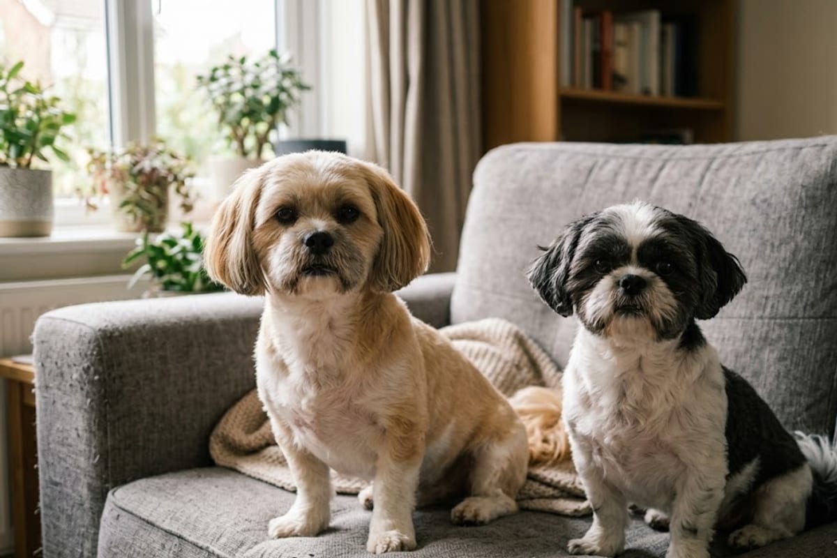 A Lhasa Apso and a Shih Tzu side by side, showing the Lhasa's longer muzzle