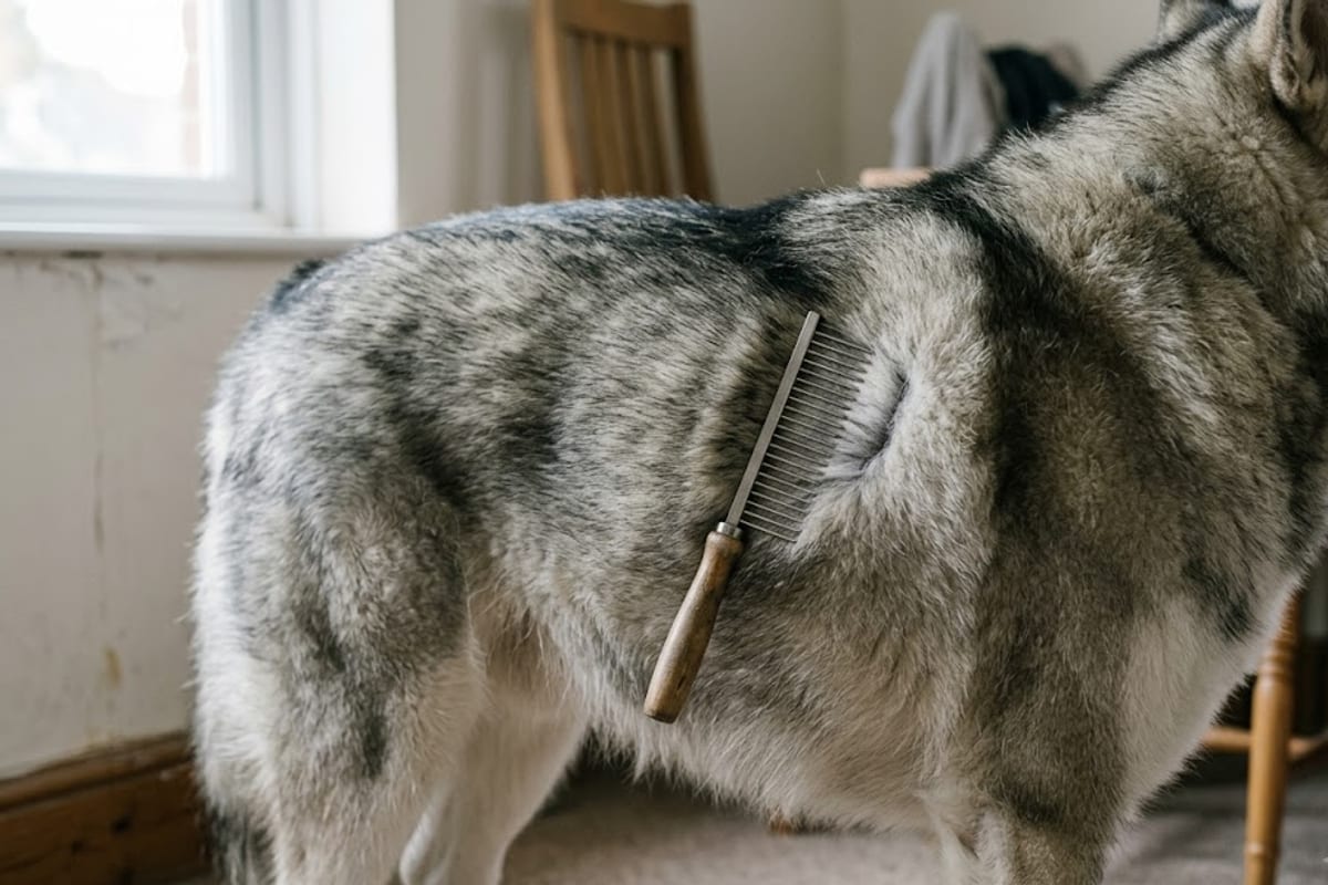 A Malamute's coat parted over the ribs to show where to check body condition