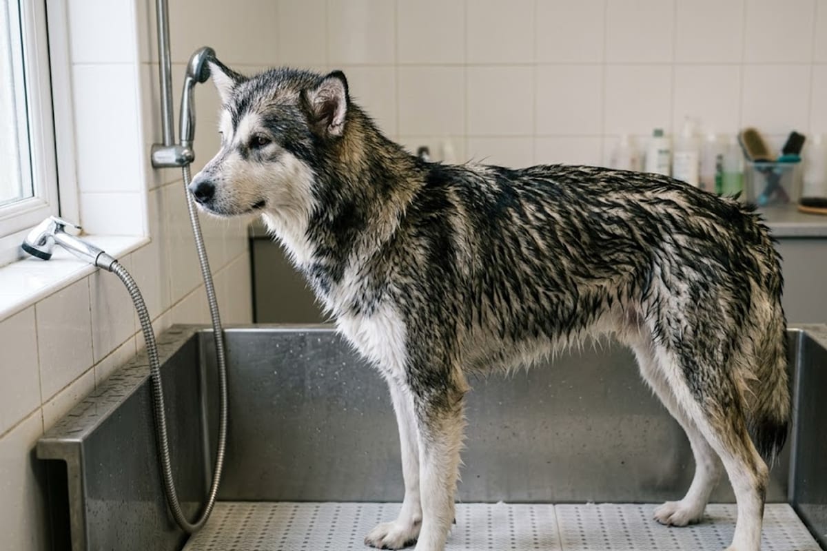 A Malamute soaking wet after a bath, its slim frame visible under the flattened coat
