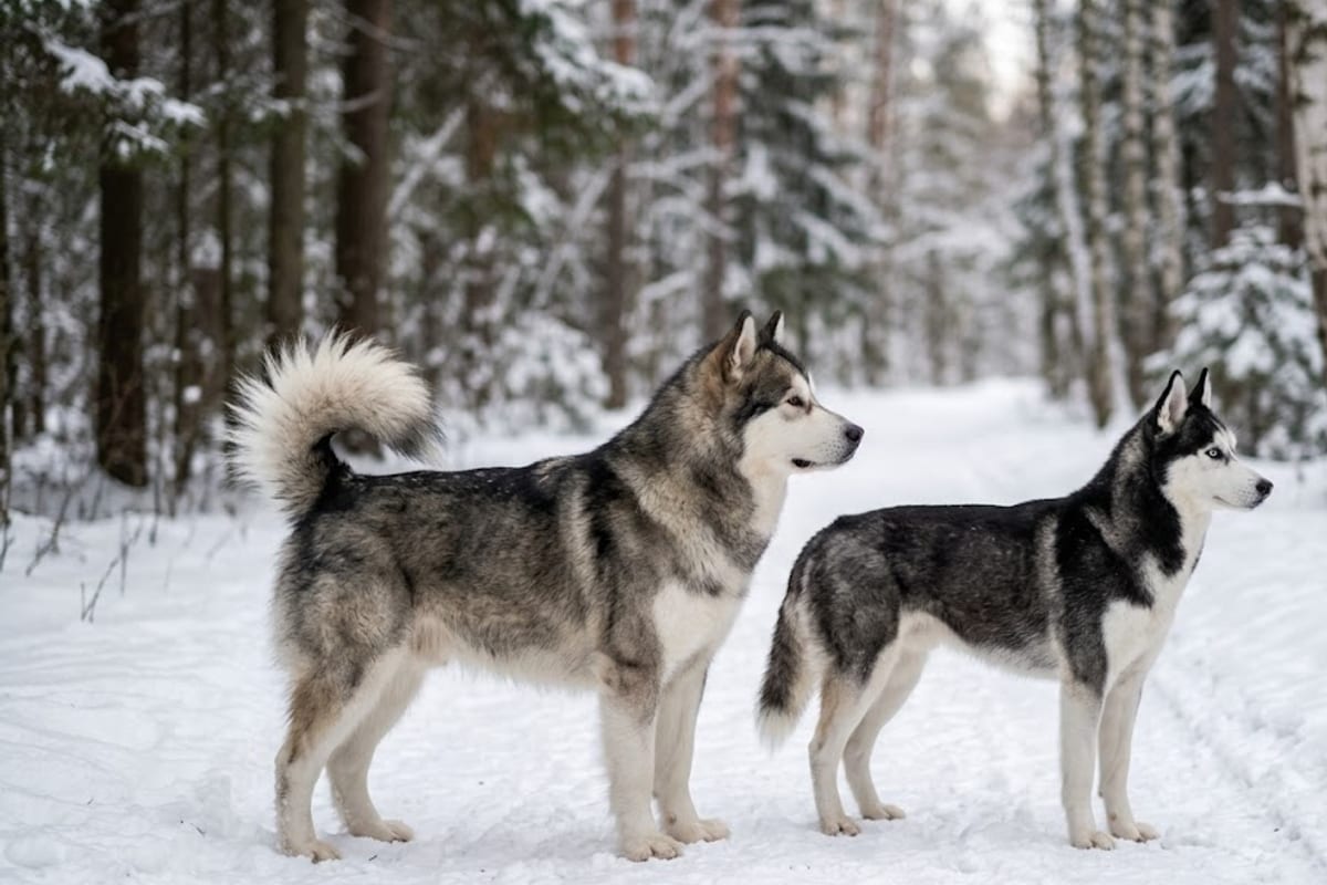 An Alaskan Malamute standing beside a smaller Siberian Husky