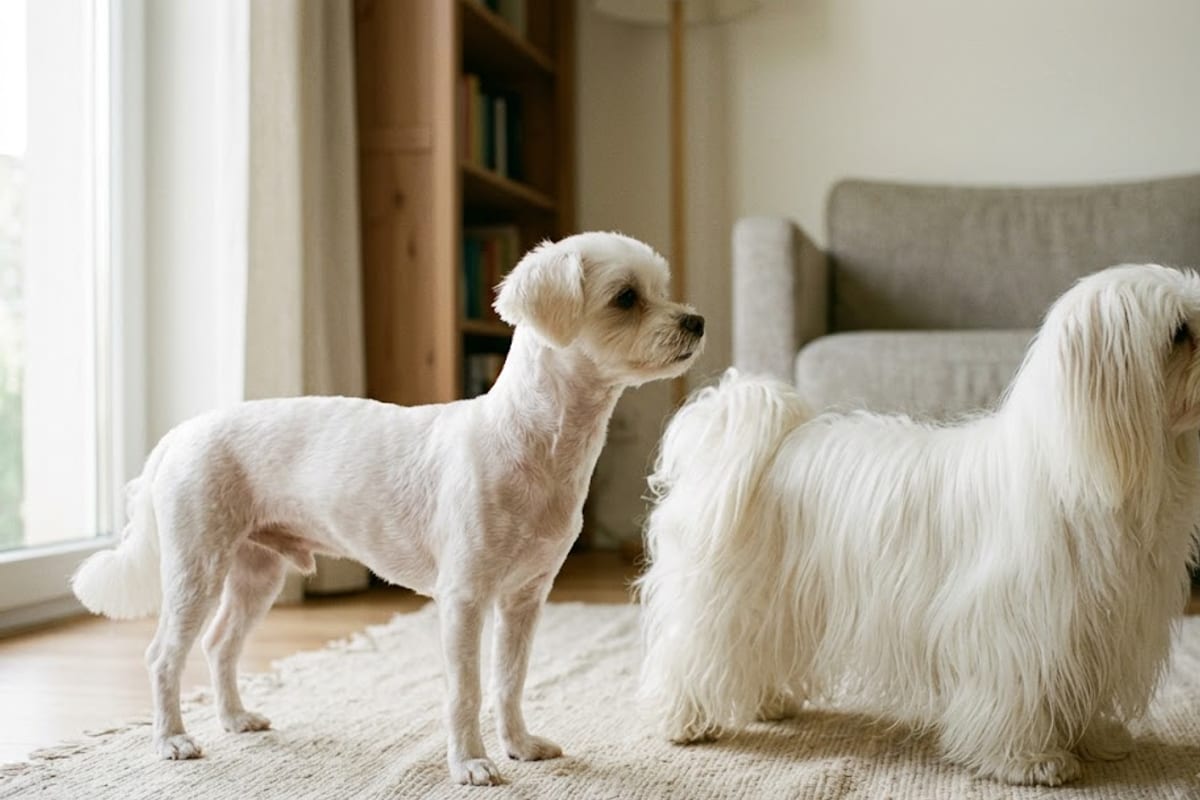 A Maltese in a short puppy cut beside a Maltese in a full floor-length coat