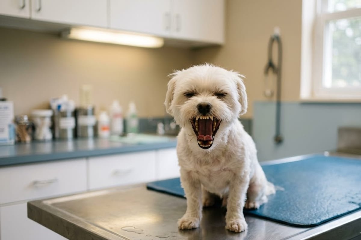 A Maltese yawning on a veterinary exam table, showing its small crowded teeth