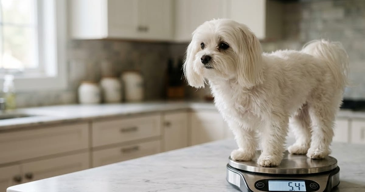A Maltese standing on a digital kitchen scale that reads 5.4 lb