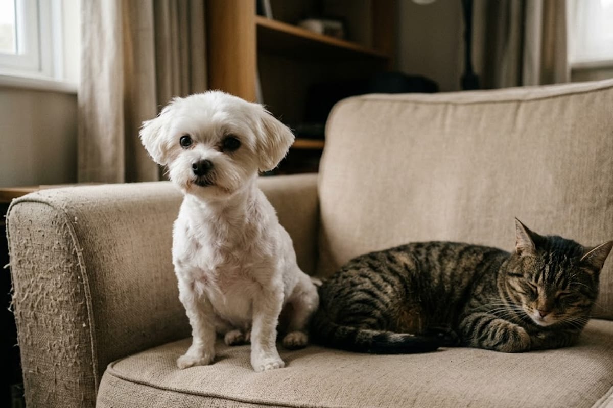 A Maltese sitting next to a house cat of about the same size
