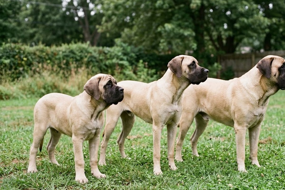 Three Mastiffs of different ages standing in a row, from a six-month puppy to a mature adult