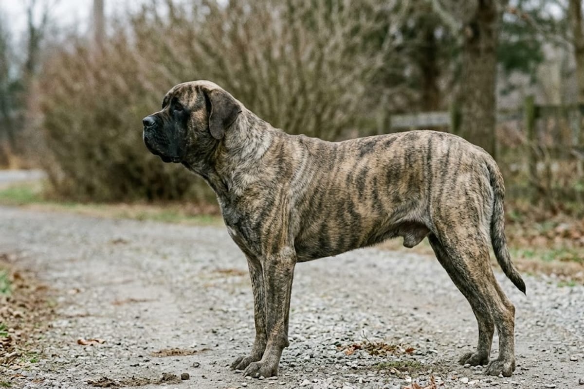 A lean adult Mastiff in profile with a slight tuck behind the ribs