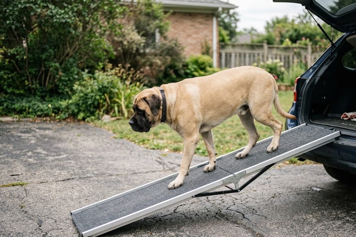 A Mastiff walking up a ramp into the back of an SUV