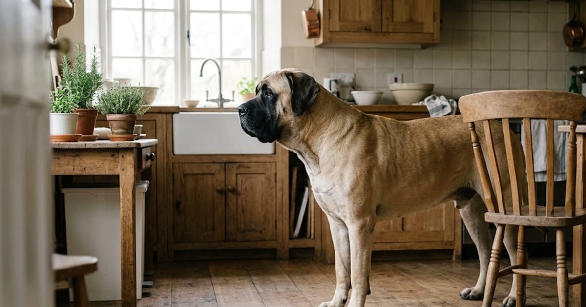 An adult English Mastiff standing next to a kitchen chair for scale