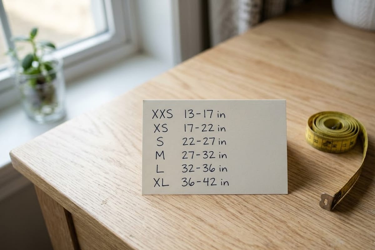 A handwritten card listing harness sizes by chest girth in inches