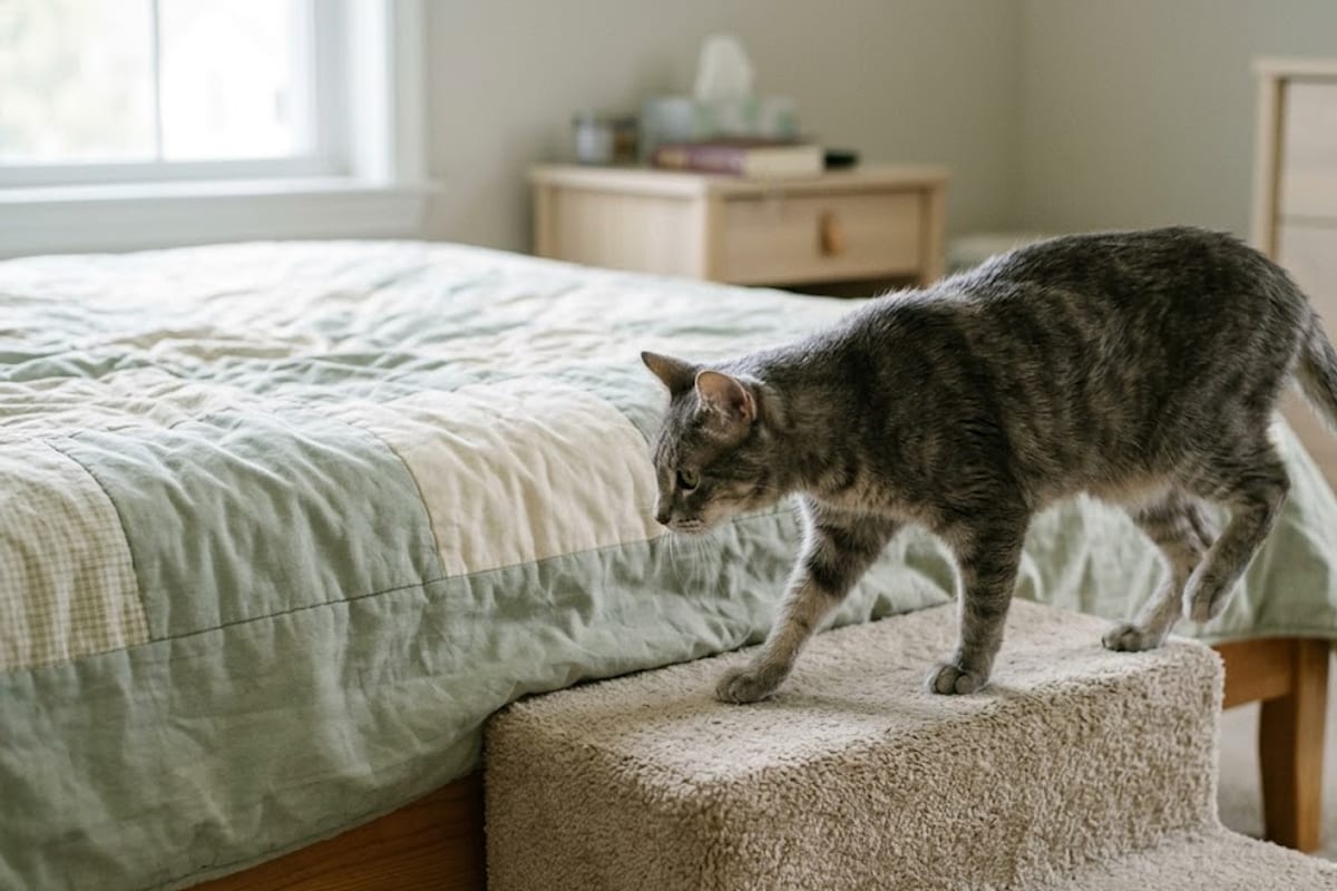 An elderly cat using a small pet step to climb onto a bed