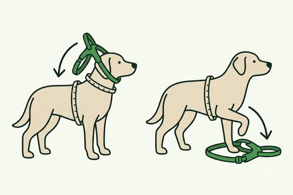A step-in harness avoids lifting stiff front legs